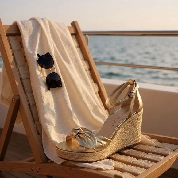 Kate Spade Tianna LEATHER Bow Strap Espadrille Wedge Platform Sandal 9.5 B GOLD - Picture 14 of 15